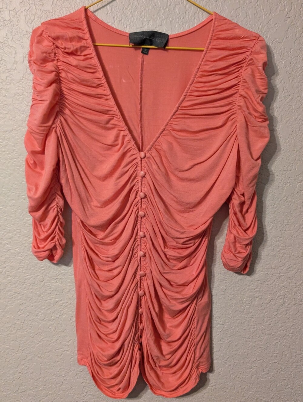 Sunday in Brooklyn Coral Ruched 3/4 Sleeve Top Button Front, Size Small